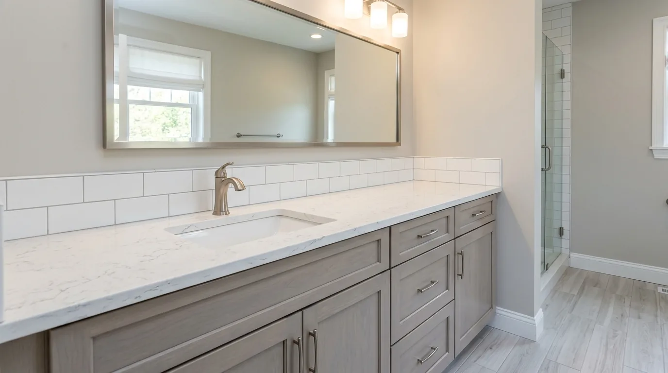Quartz double vanity top with gray cabinetry and a full-width mirror.