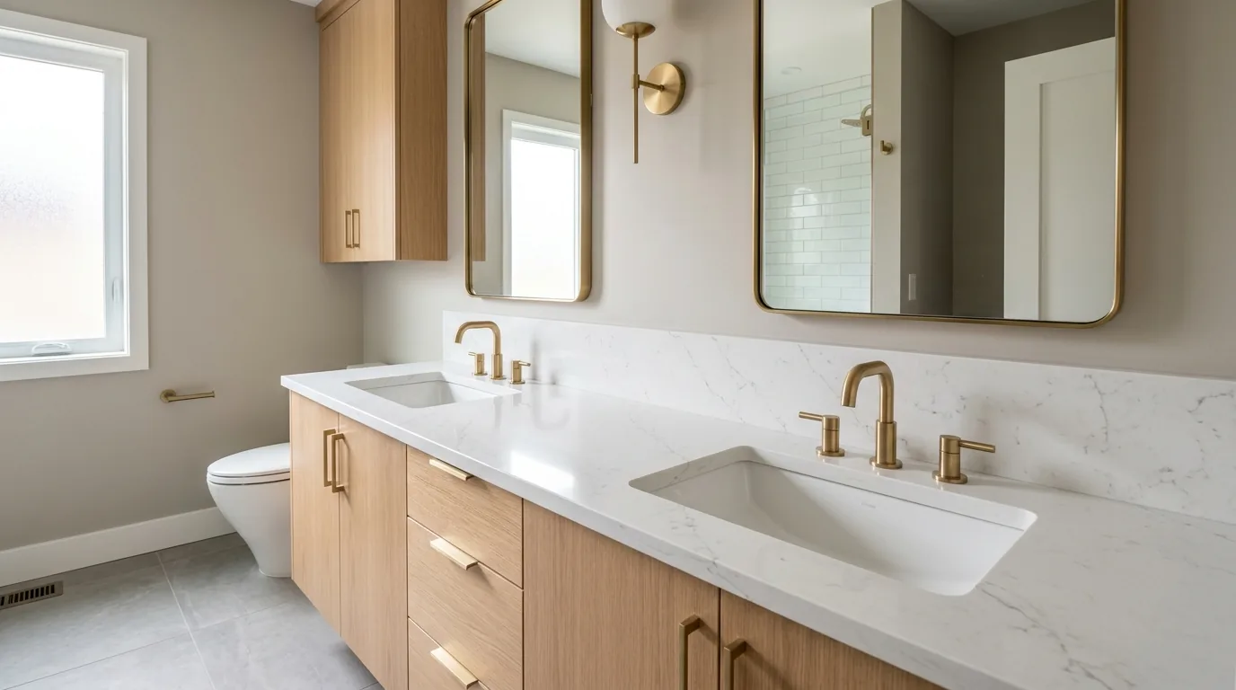 Long quartz double vanity top with light wood cabinetry and gold fixtures.
