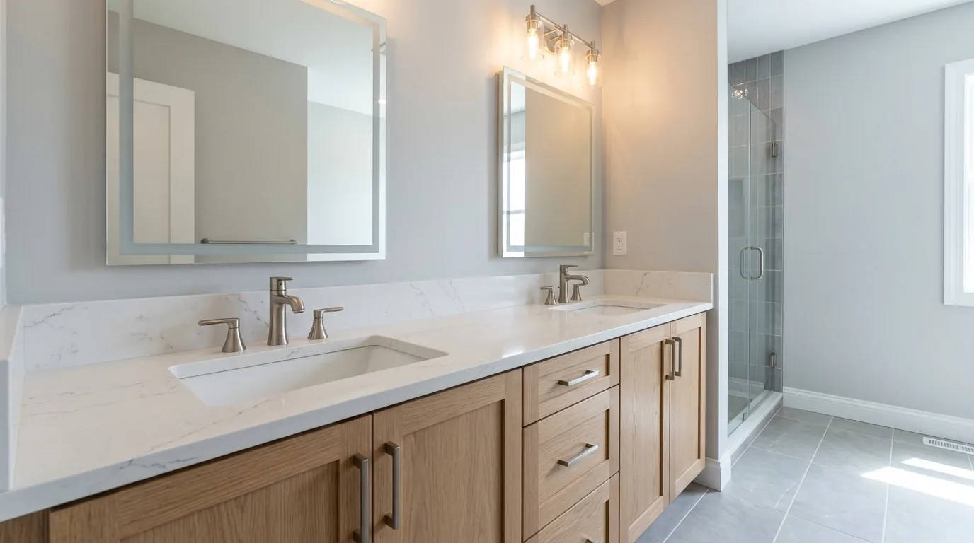 Angled view of a double-sink quartz vanity top with natural wood cabinetry.