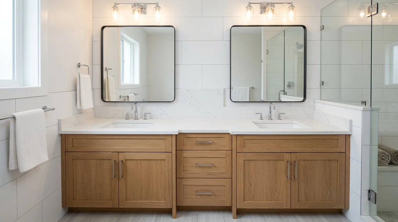 Double-sink quartz vanity top with natural wood cabinetry and twin mirrors.