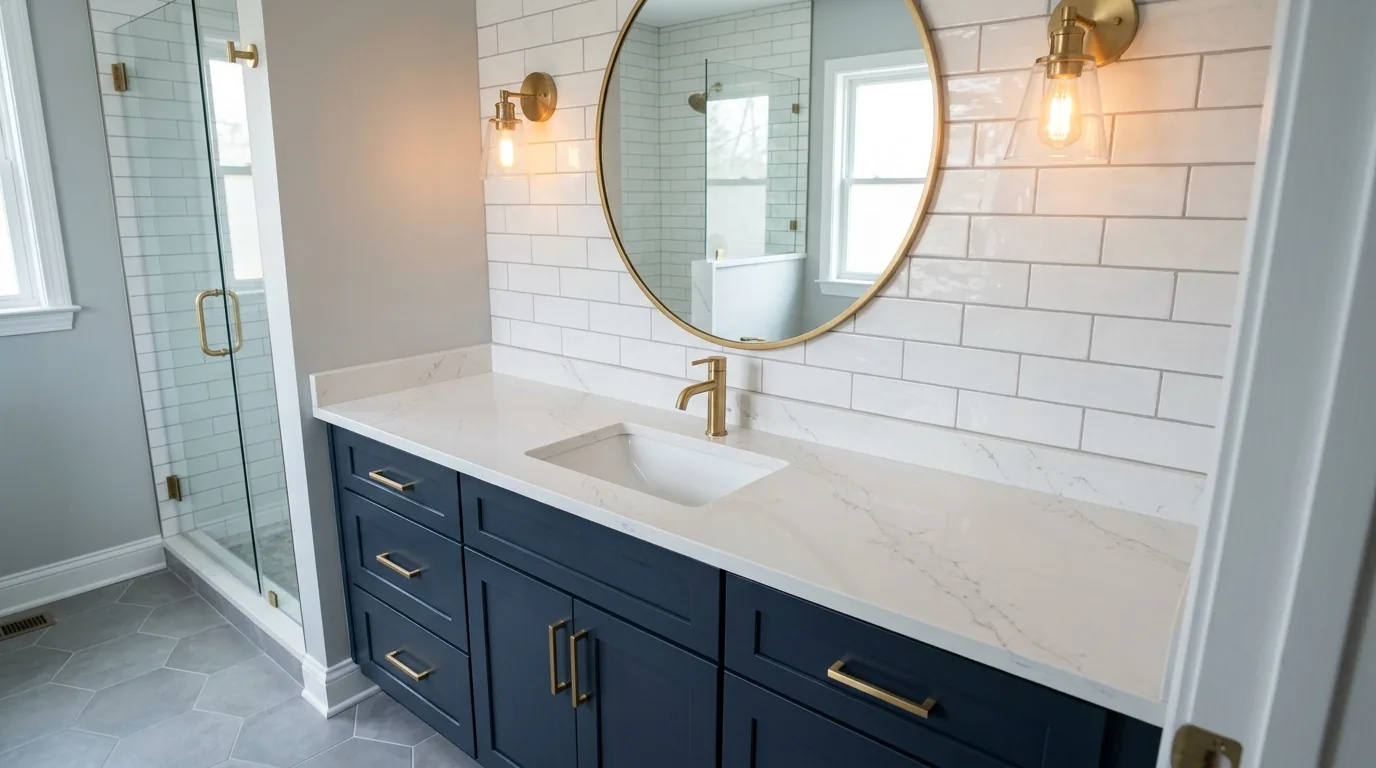 White quartz bathroom vanity top with navy cabinetry and brass details.