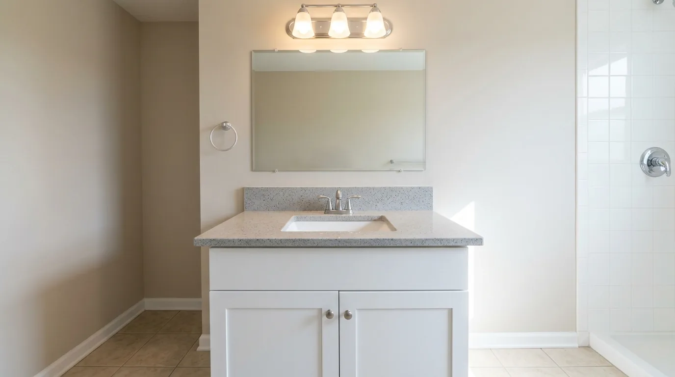 Bright white quartz bathroom vanity top with an undermount sink.