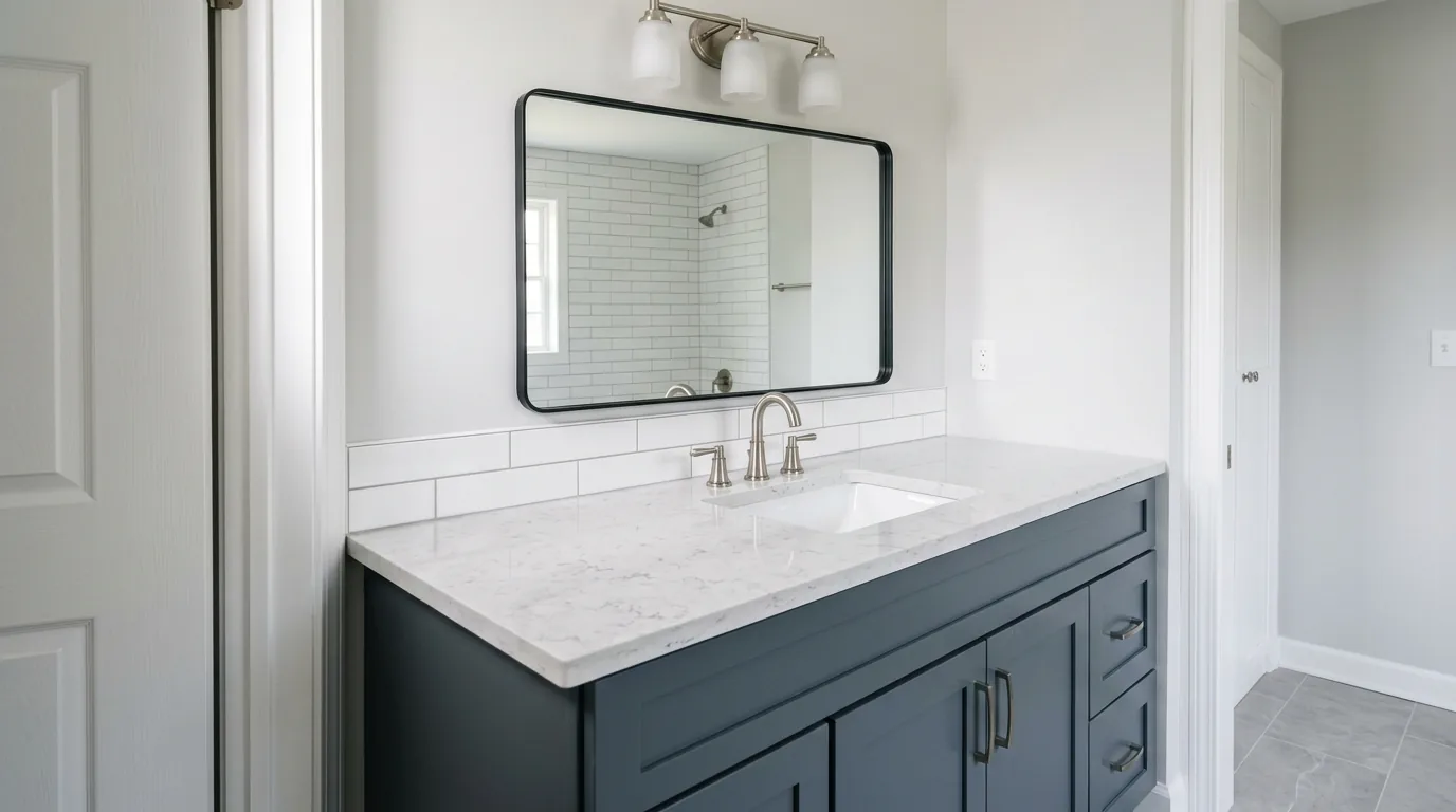 White quartz vanity top with charcoal cabinetry and a black framed mirror.