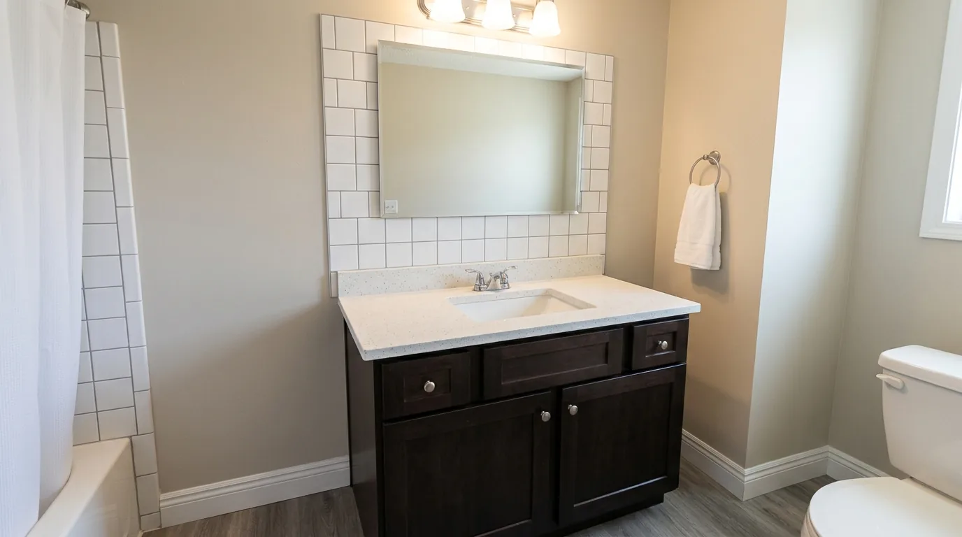 Quartz bathroom vanity top with dark wood cabinetry and tiled mirror surround.