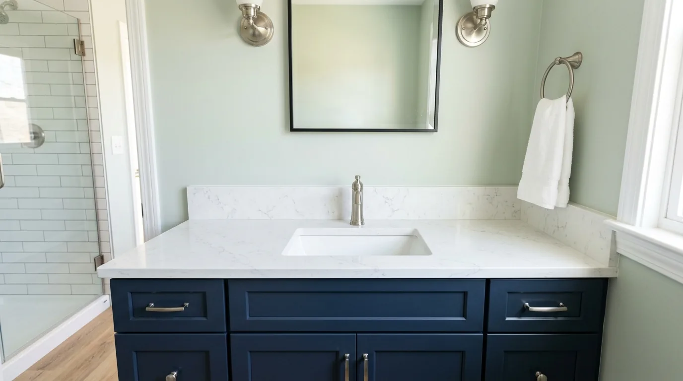 White quartz vanity top with a navy cabinet and matching backsplash.
