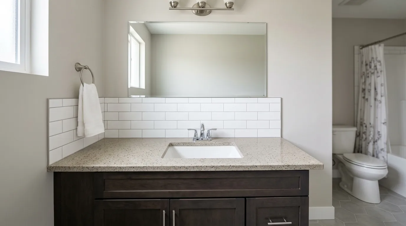 Quartz vanity top with dark cabinetry and white subway tile backsplash.