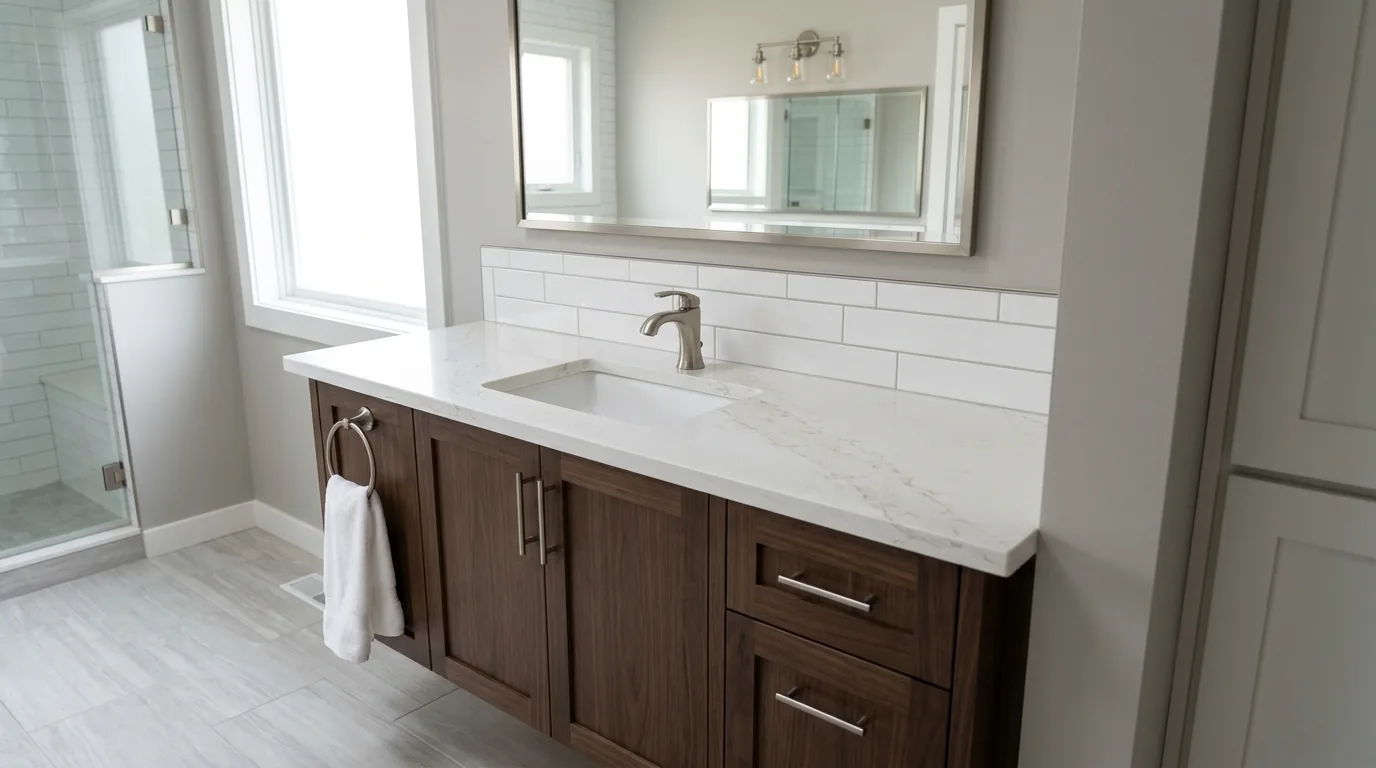 White quartz vanity top with walnut cabinetry and subway tile backsplash.