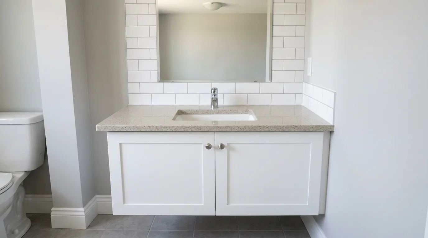 Quartz vanity top with a floating white cabinet and side splashes.