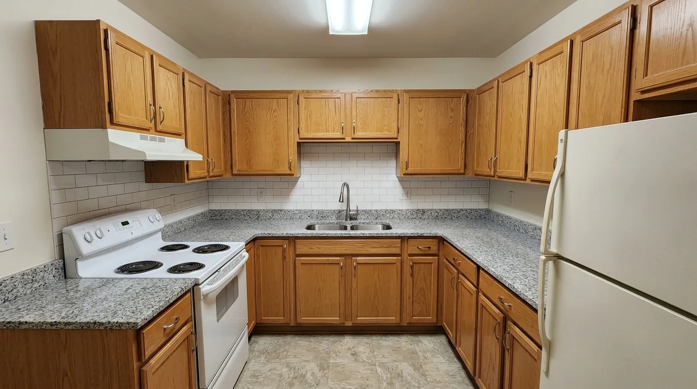 Front view of granite countertops in a finished apartment kitchen.
