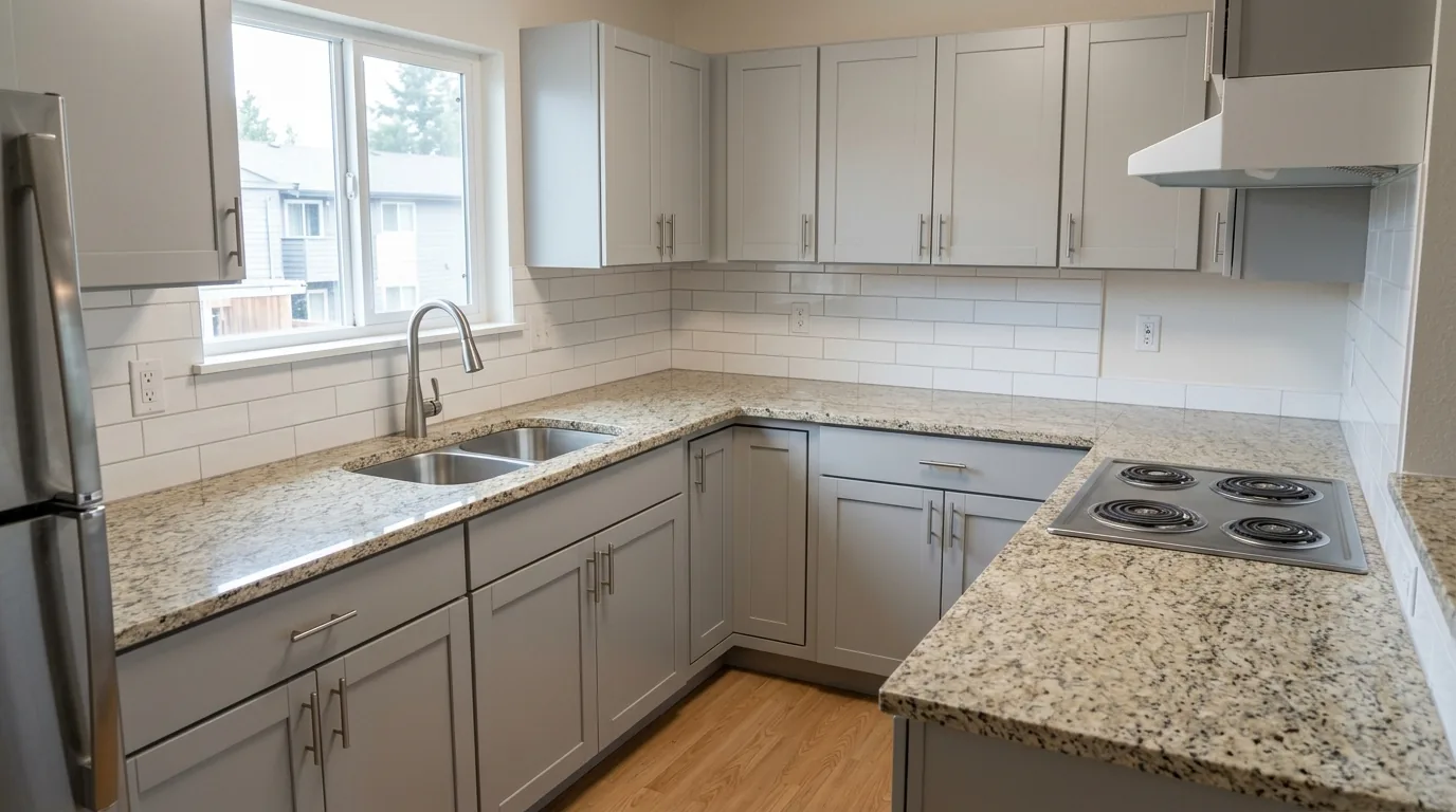 Granite apartment kitchen countertops with a peninsula and gray cabinetry.