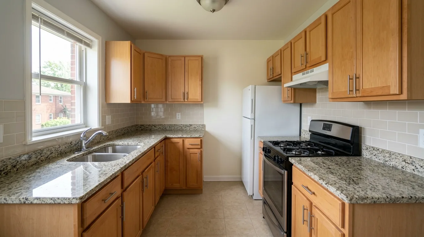 Granite countertop sink run in an apartment kitchen with wood cabinets.