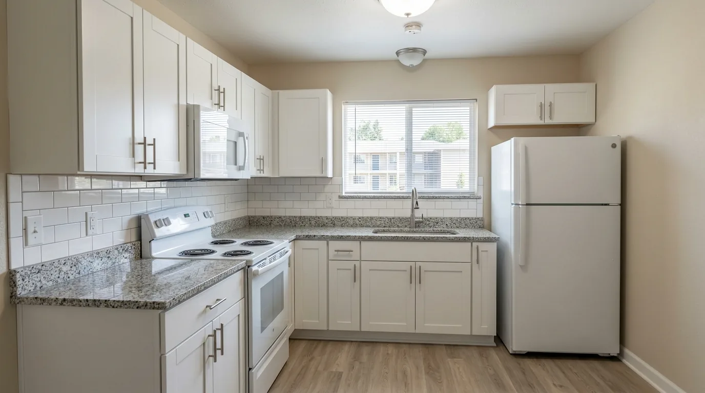 Finished granite countertops in a compact white apartment kitchen.