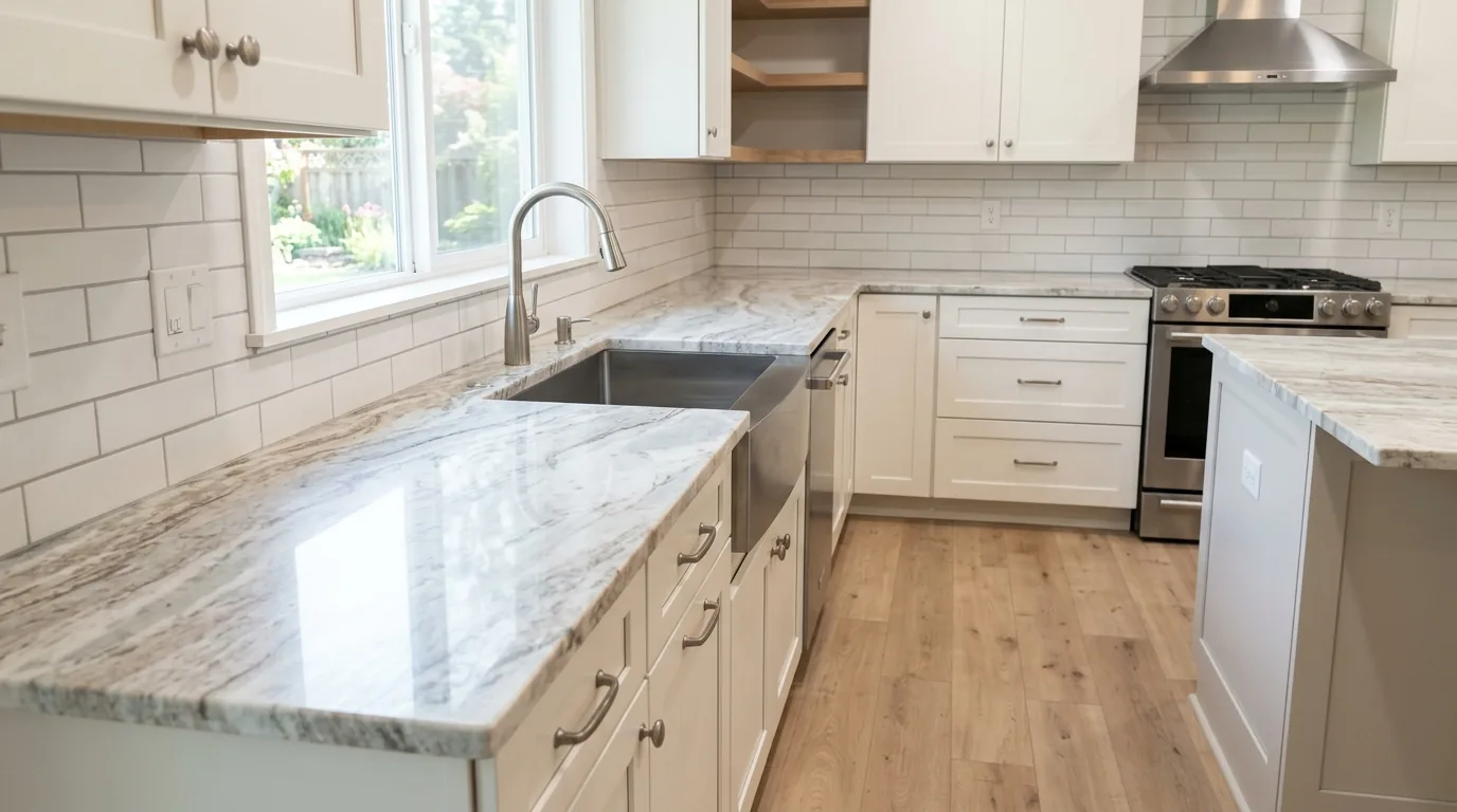 Polished quartzite kitchen countertop detail beside a farmhouse sink.