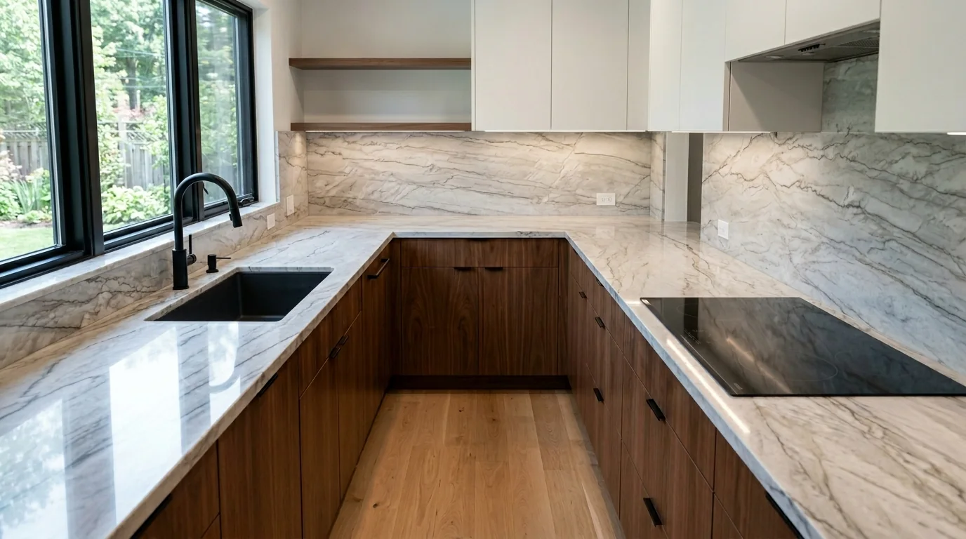 Quartzite kitchen countertops with a matching full-height stone backsplash and walnut cabinetry.