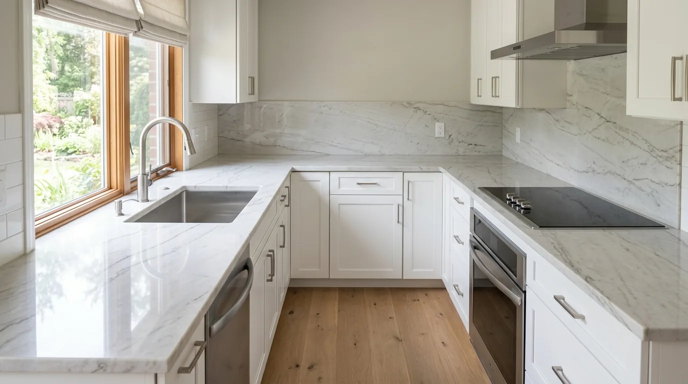 Quartzite countertops and backsplash in a white cabinet kitchen.