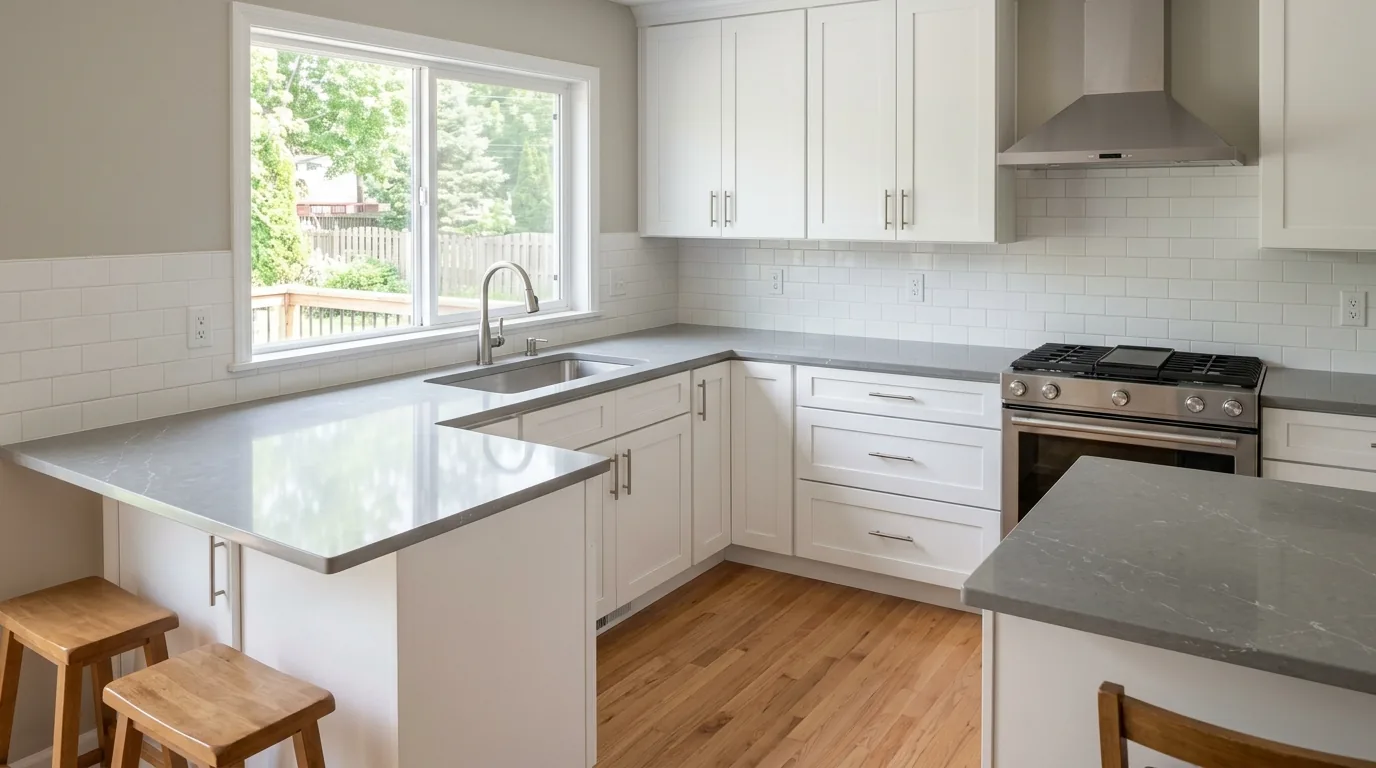 Gray quartz countertops with white cabinets and a peninsula seating area.