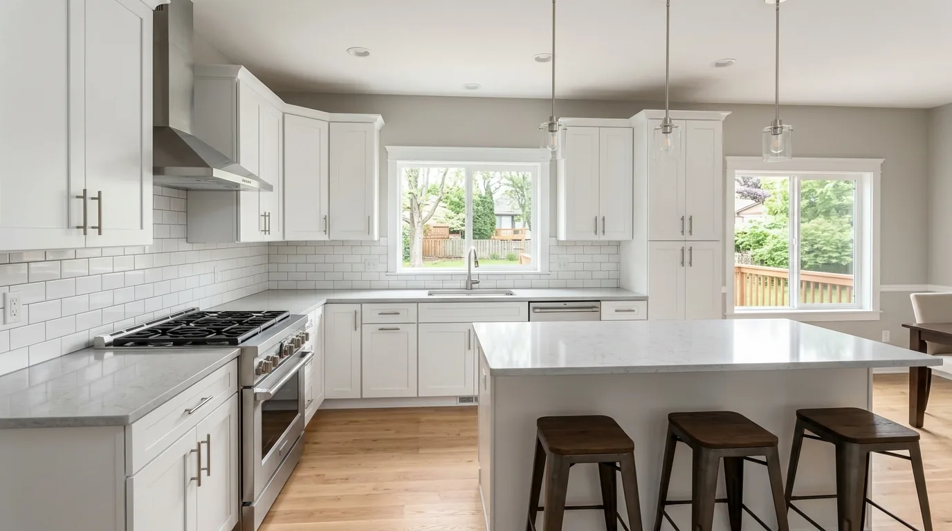 Wide white quartz kitchen island with coordinated perimeter countertops and seating.