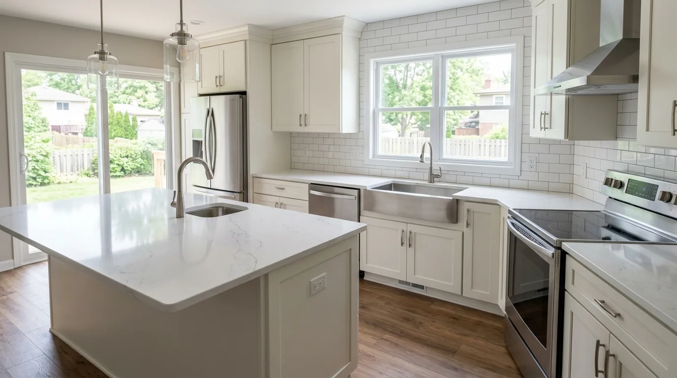 White quartz kitchen island and perimeter countertops in a bright remodeled kitchen.