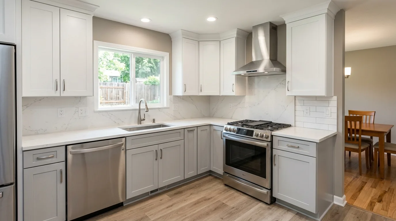 White quartz kitchen countertops around a sink and cooking area.